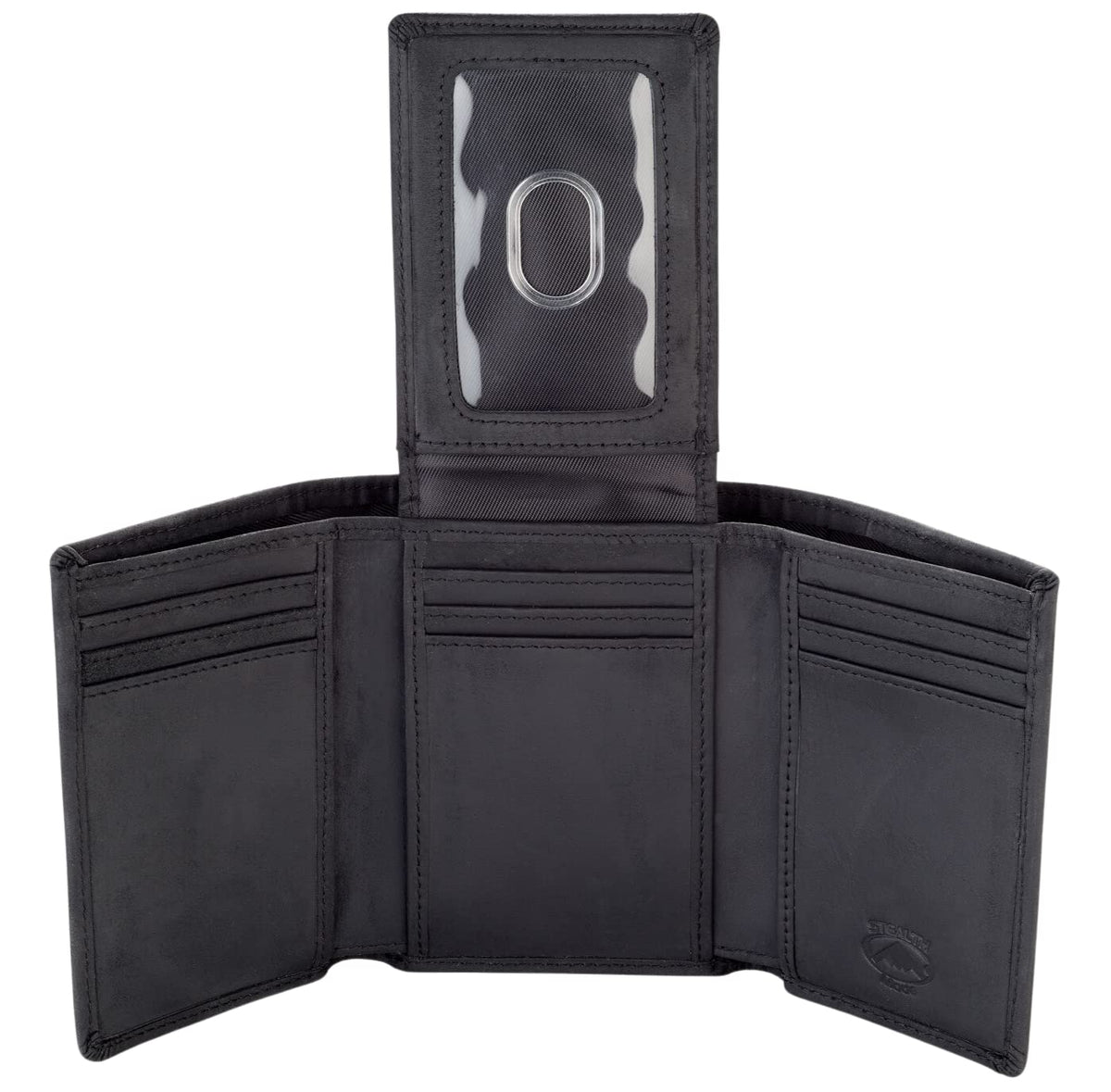 Stealth Mode Trifold Leather Wallet for Men with ID Holder and RFID Blocking (Black)