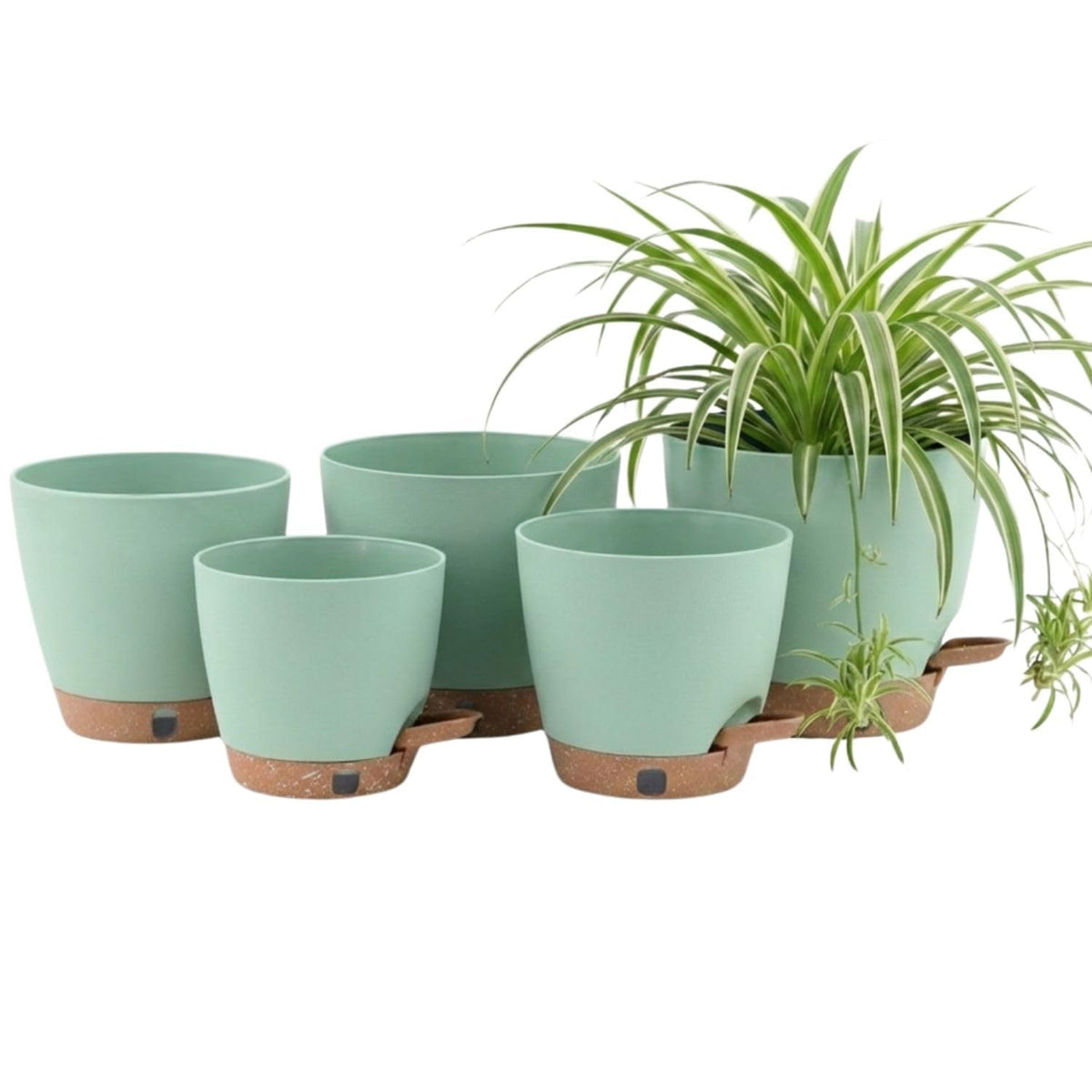 montresor 5 Pack Green 5/5.5/6/6.5/7 Inch Self Watering Planters for Outdoor, Plastic Plant Pots with Wick & Drainage, Small to Medium Indoor Pots for Snake Plant, Aloe