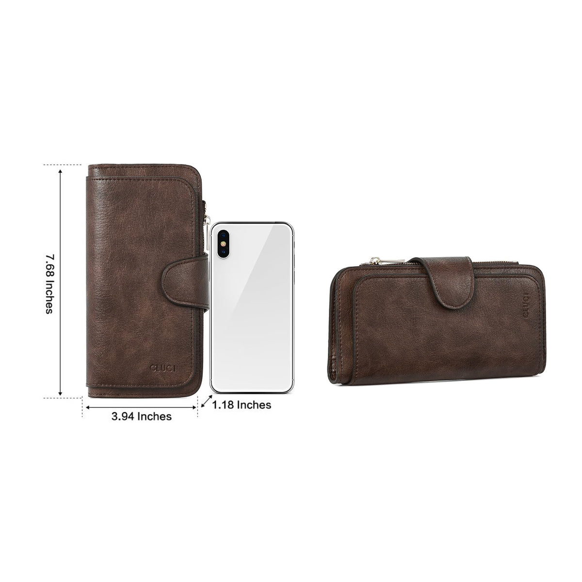 CLUCI Women Wallet Leather RFID Blocking Designer Trifold Card Holder Ladies Clutch with ID Window Oil wax Two-toned Coffee
