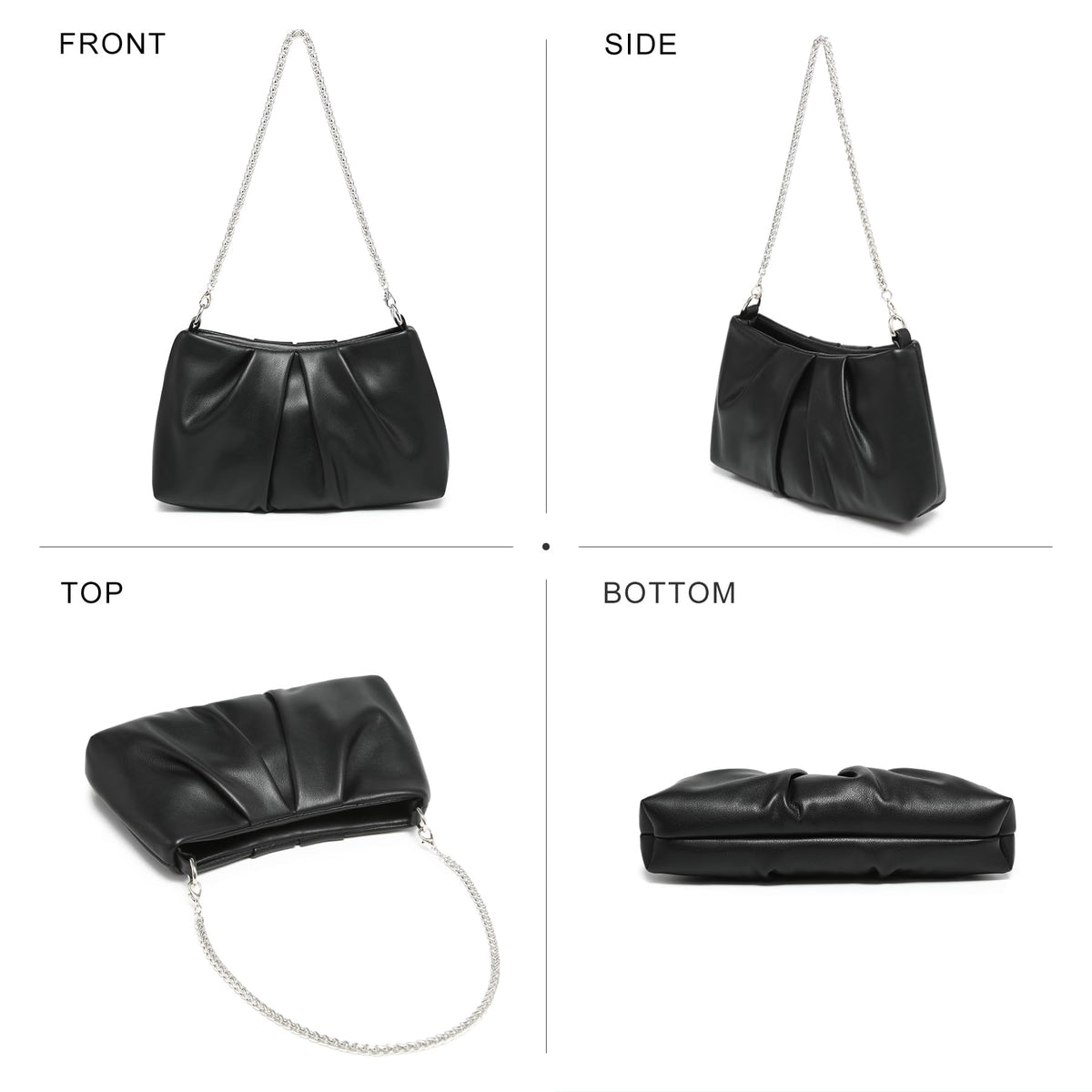 Dasein Elegant Pleated Evening Bag Soft Vegan Leather Clutch Purse Dressy Formal Handbag with 2 Chain Straps for Women (Black)