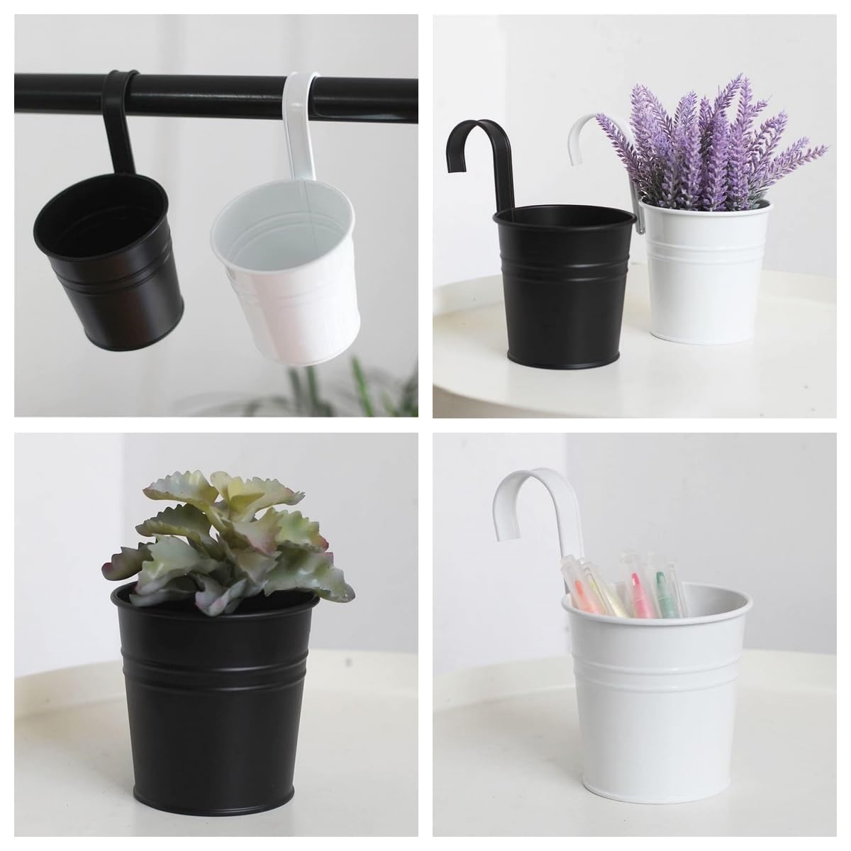 XZJMY 5 Pcs Hanging Flower Pots Metal Iron Bucket Planter Pot Metal Bucket Flower Holder with Hook Indoor Outdoor Decor for Railing Fence Balcony Garden (White)