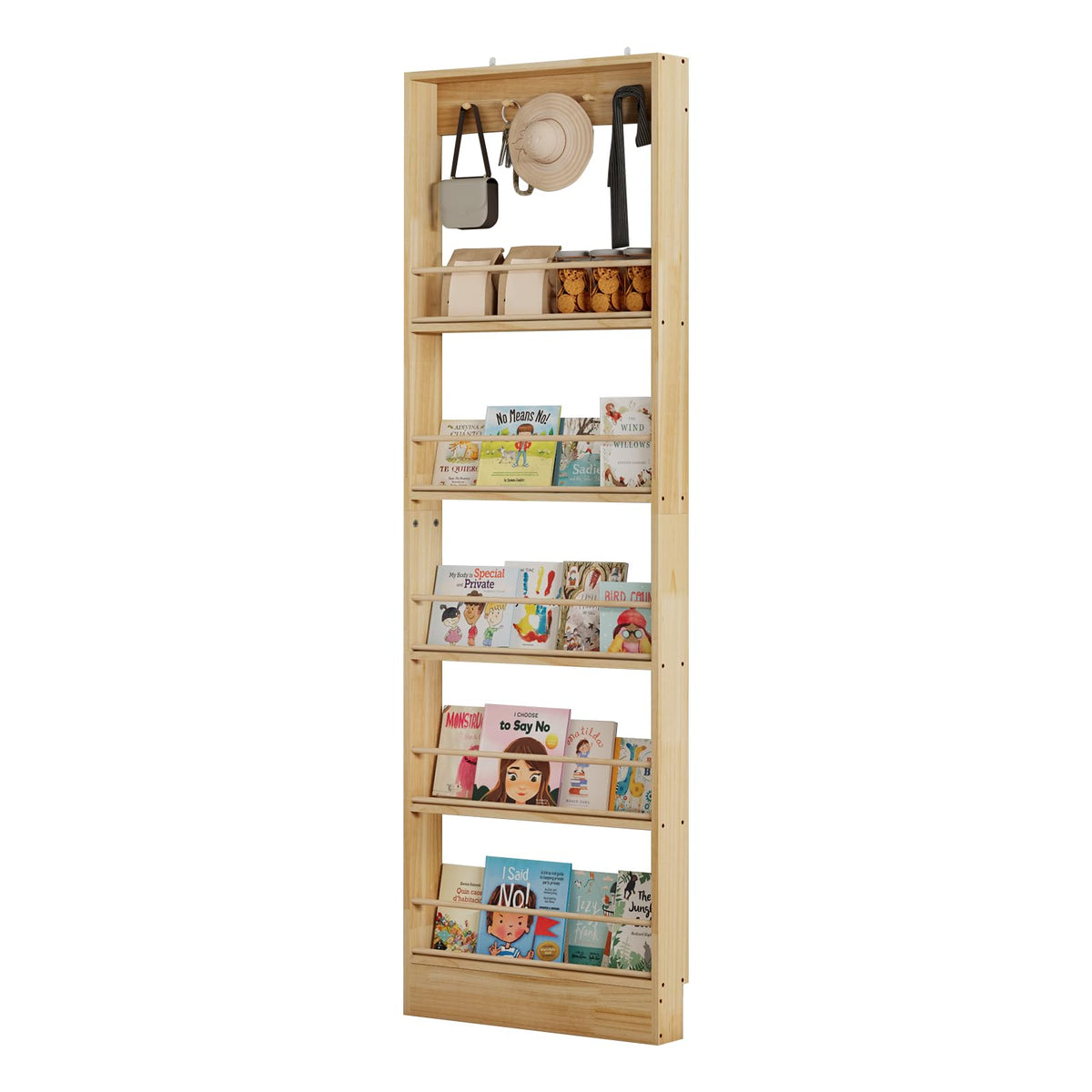 Chyanmoo Wooden Wall Mounted Bookshelf, 5 Tier Storage Shelf with Anti Tip Device, Space Saving Organizer with Built in Hooks and Raised Edges for Living Room Bedroom Home Office