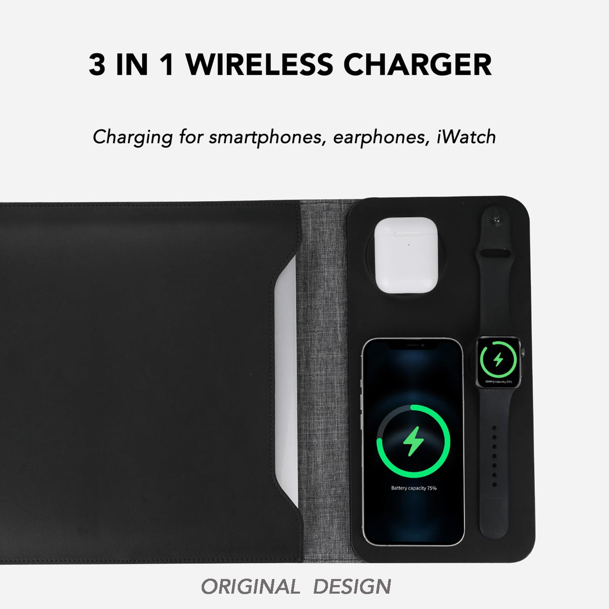Gyanm 5-in-1 Laptop Sleeve with Wireless Charging for iPad MacBook Pro 12" 13" 14", Charge Mat for Phone Earbuds iWatch, Executive Office Organizer with Pocket, Waterproof Vegan Leather Case (Black)