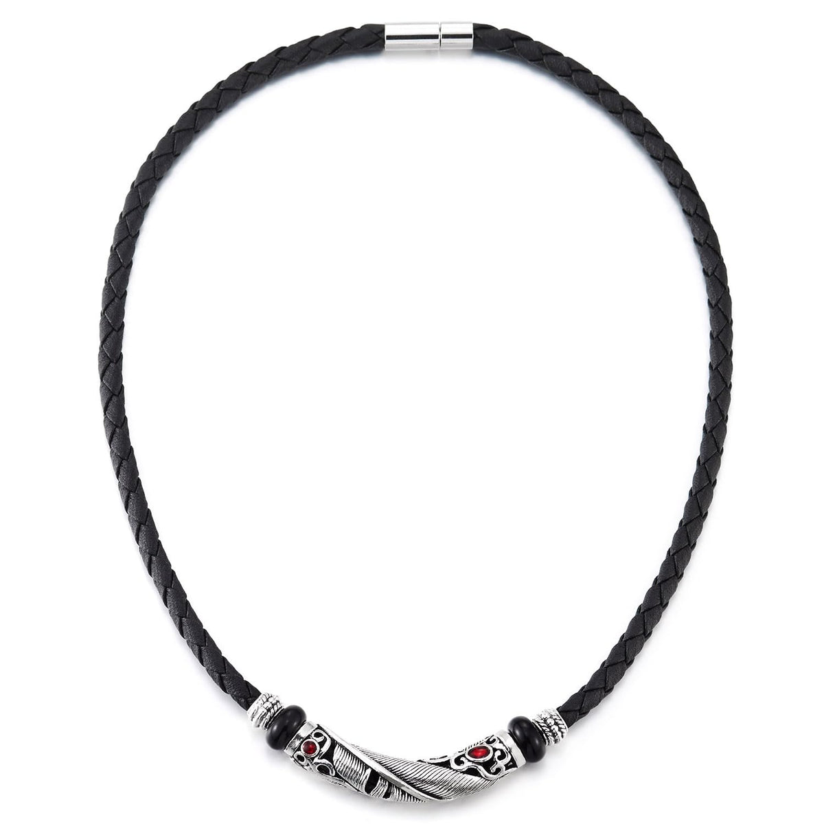 COOLSTEELANDBEYOND Black Braided Leather Necklace with Feather Pendant and Red Gem, Tribal Vintage, Mens Women