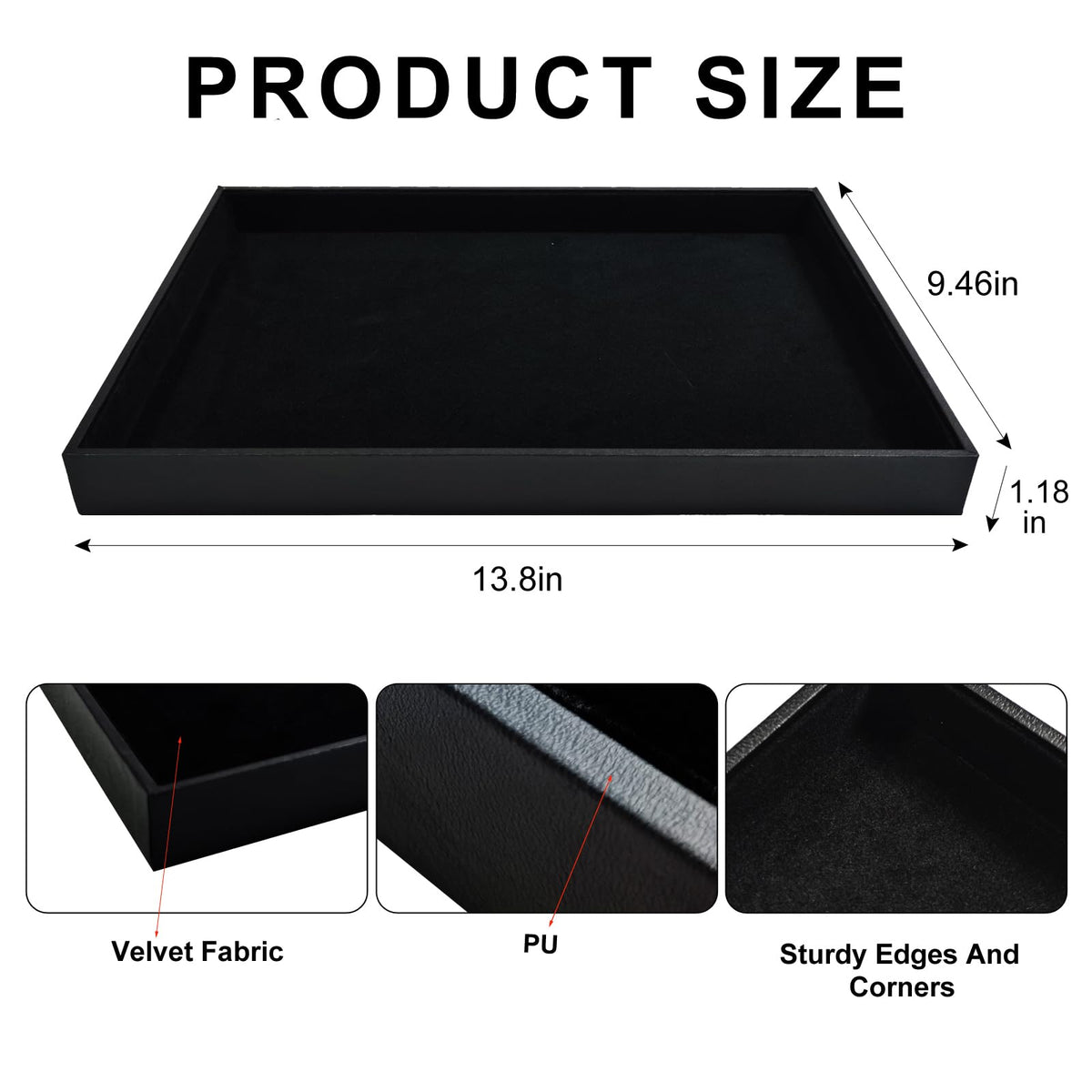 SCIKHEFT Black Velvet Stackable Jewelry Display Tray Storage Organizing Trays Empty Plate (13.78" L x 9.45" W x 1.18" H in) (2)