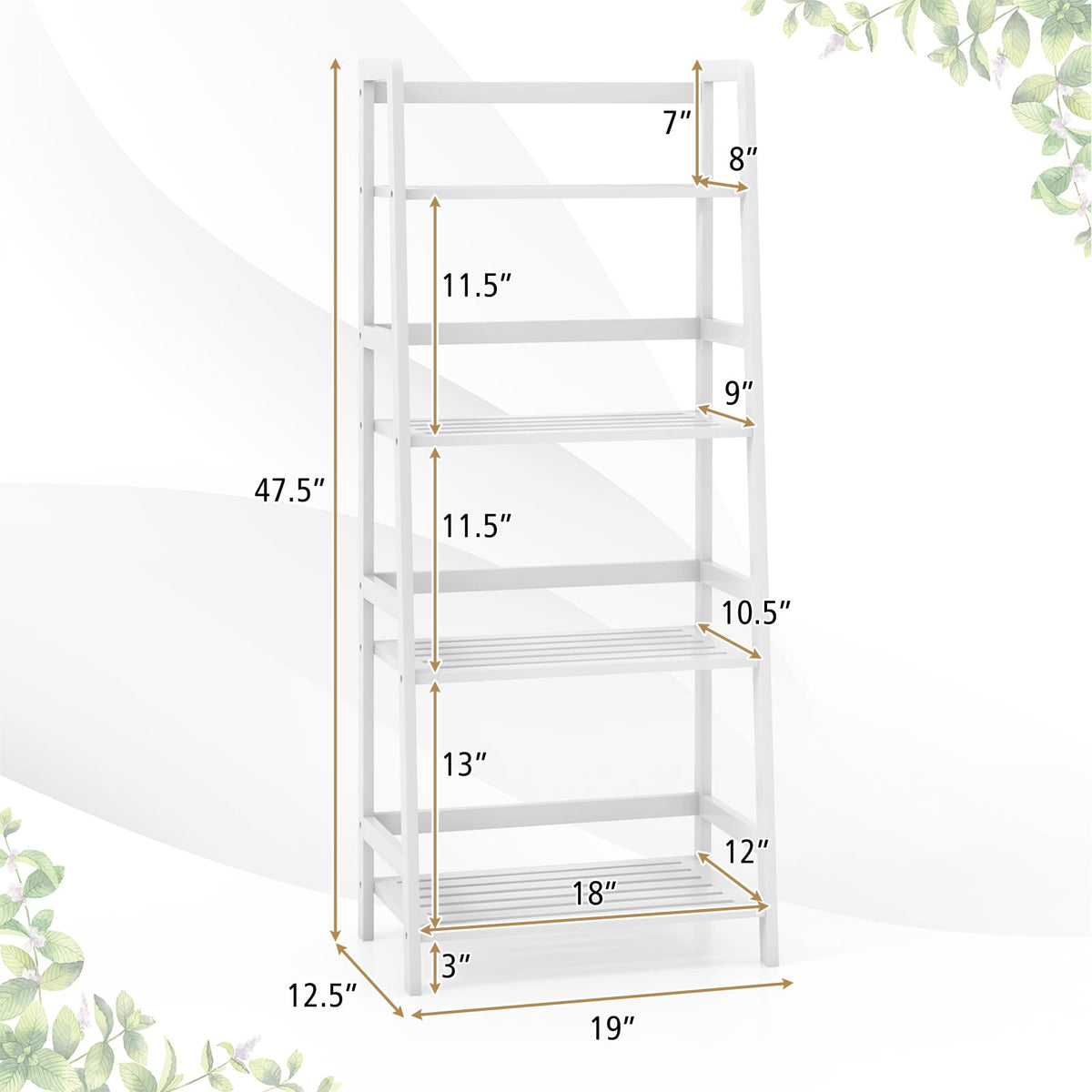 Giantex 4-Tier White Ladder Shelf, Bamboo Open Bookcase Book Shelf with Storage, 47.5" Freestanding Display Shelving Unit Plant Stand Rack Organizer, Shelves for Bedroom, Living Room, Home Office