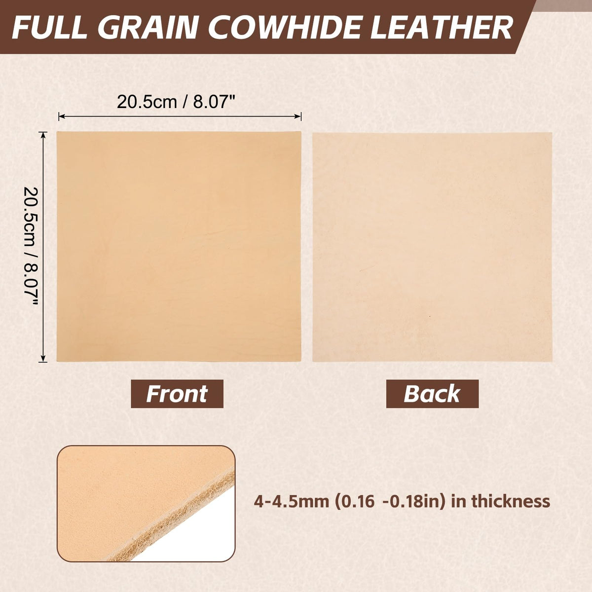 Rebower Genuine Leather Sheets, 8" x 8" Flat Full Grain Cowhide Leather for Crafts, 4-4.5mm Thick Vegetable Tanned Cowhide for DIY Belt Tooling Wallet Stamping Projects, Khaki