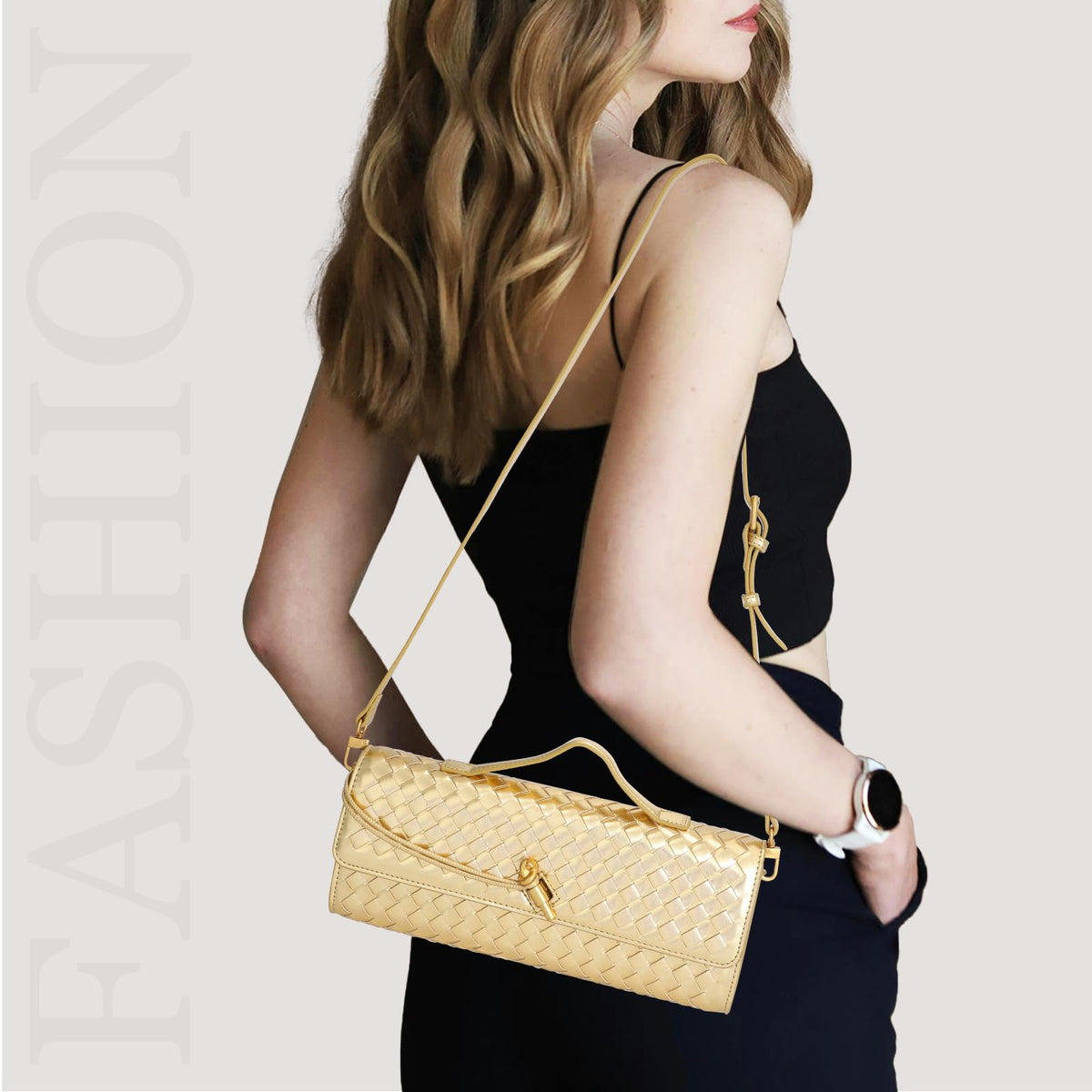 EGCUQ PU Leather Woven Gold Purse,Wedding Clutch,Woven Gold Clutch Purses For Women 11.8" x 1.7" x 4.9"