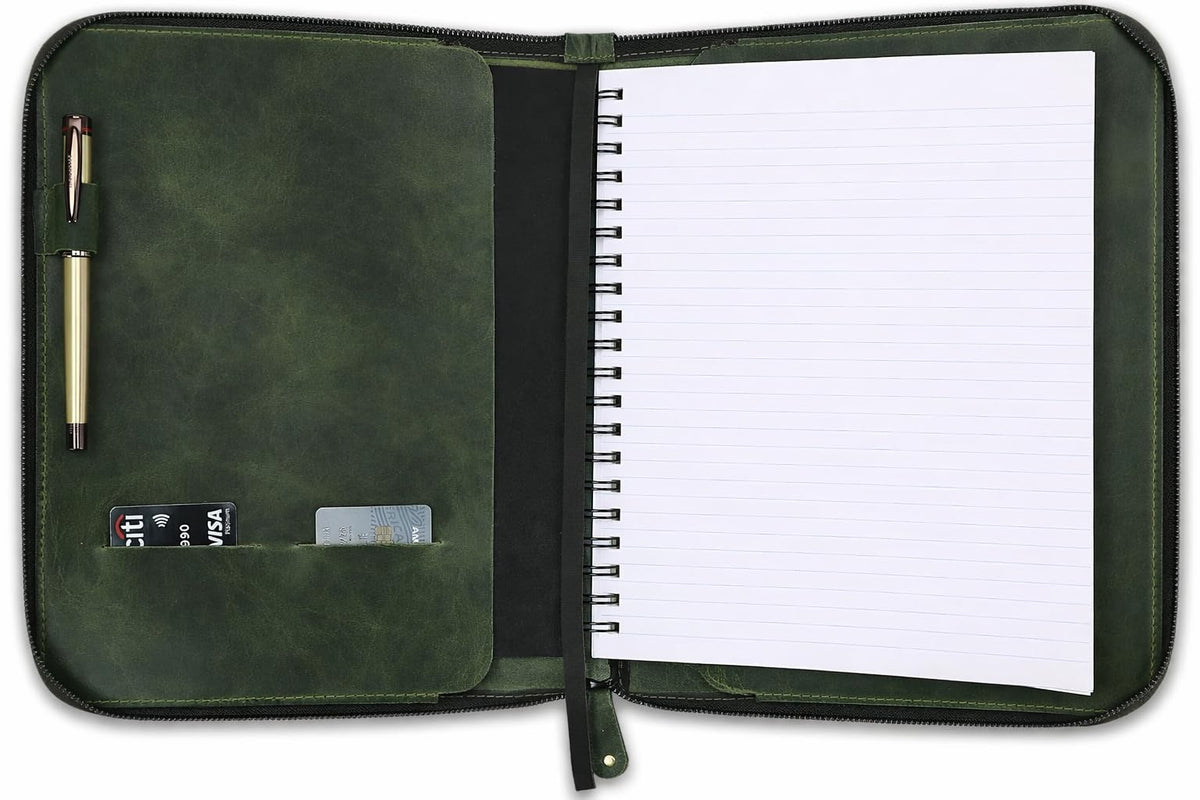 CestAntiQ, Heavy Duty Full Grain Leather Journal Cover (8.5 x 11 in.), Refillable Cahier XXL, Refillable Spiral Notebook (8.5 x 11 in.), Handmade Zippered Leather Journal Cover (Green)