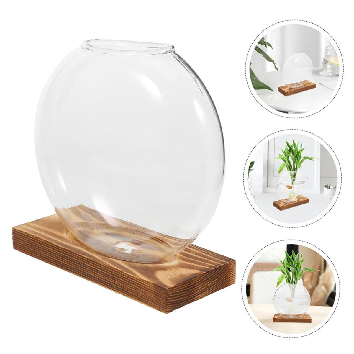 DONFAMDS 2pcs Hydroponic Glass Flower Vases with Wooden Stand, Small Propagation Station for Plants, Terrarium Pots for Home Office Balcony Décor