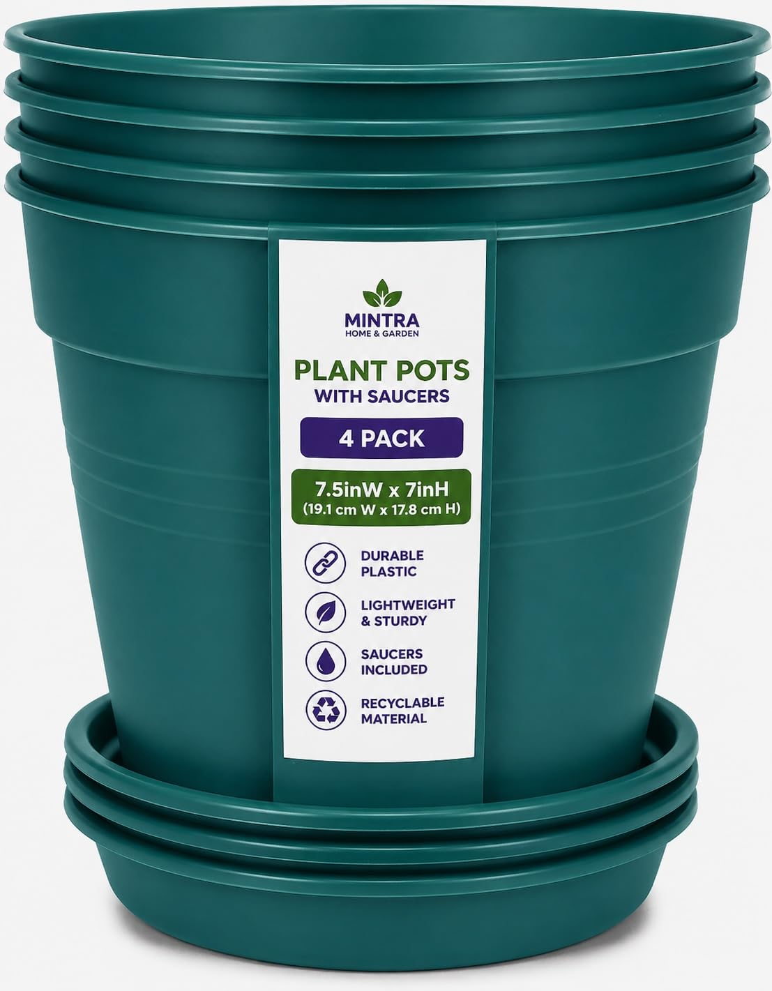 Mintra Garden Pots, 4 Pack Bulk Plastic Plant Pots with Drainage Tray, Round Indoor & Outdoor Decorative Planters with Drain Holes for Flowers, Herbs & Plants, 19cm Diameter – Forest Green, 7.5 in