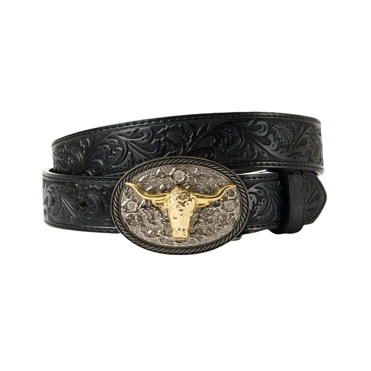 FORTMAC Western Belt–Adjustable Embossed Leather Belt with Longhorn Bull Buckle Black 95cm/37.5"