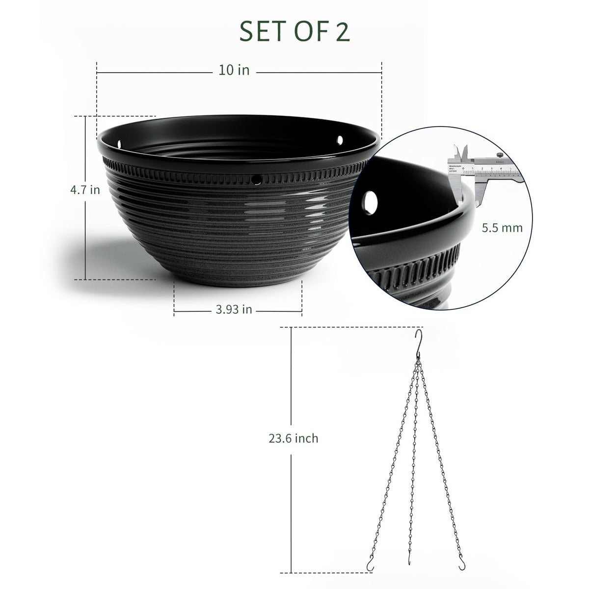 Vanslogreen 2 Pack Hanging Planters for Indoor Outdoor Plants, 10 Inch Hanging Planter with Drainage Hole & Plug Glazed Hanging Baskets Flower Pots for Garden Home (Black)