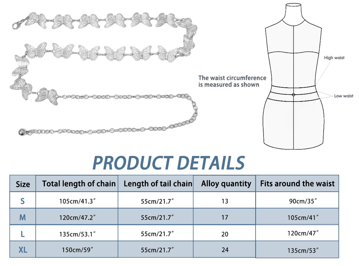 Putcuku Waist Chain Belts for Women Adjustable Belly Chain Fashion Metal Link Chain for Dresses (Butterfly Silver-XL)