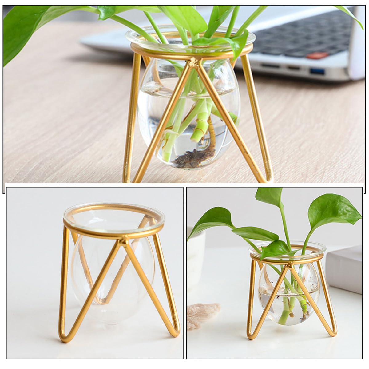 HOMSFOU Glass Vase with Metal Stand, Succulent Propagation Terrarium Planter Bulb, Desktop Air Plant Container for Indoor Water Plants and Greenery Décor