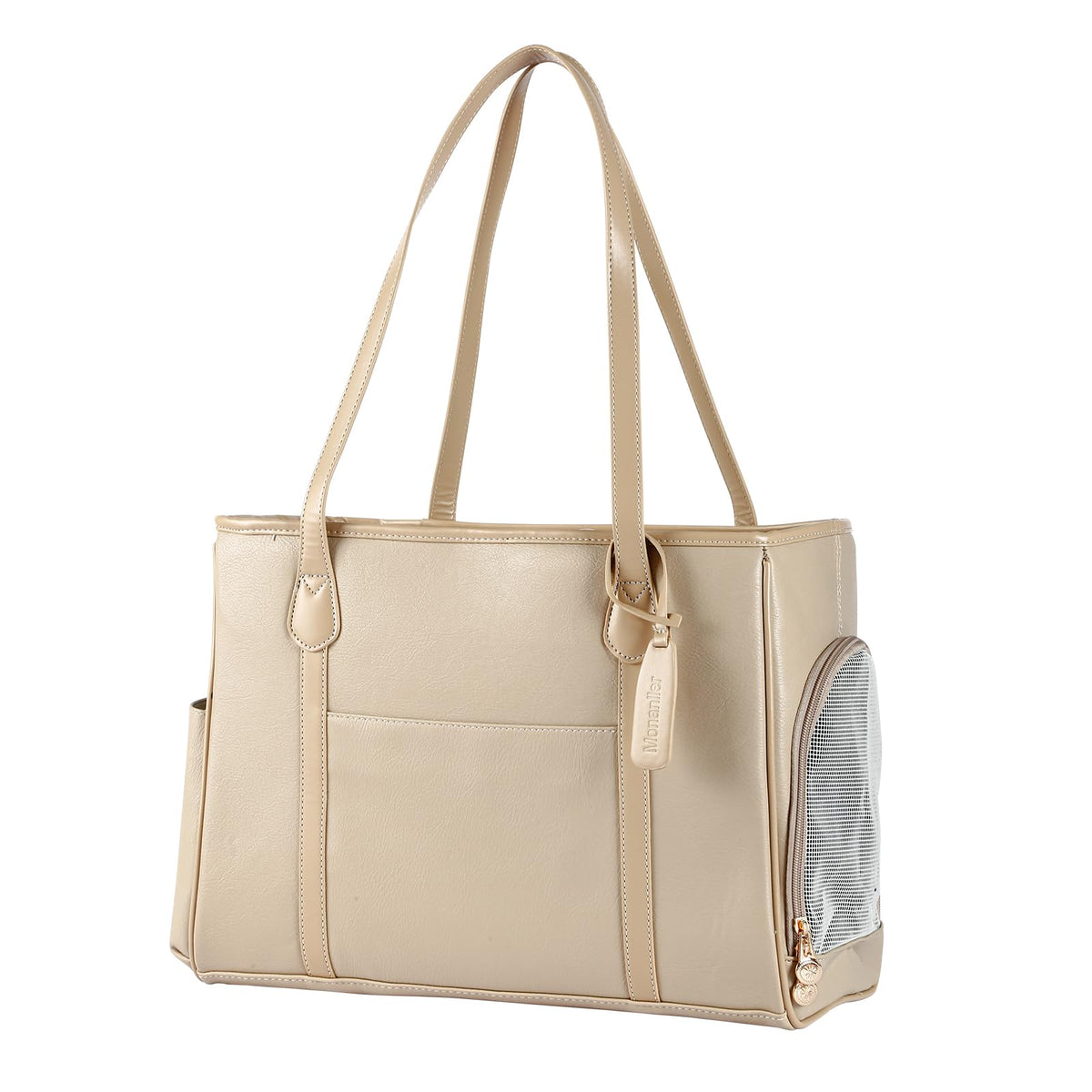 Monanller Stylish Dog Purse Carrier, Leather Pet Carrier Bag for Small Dogs Cats Puppy, Airline Approved Soft-Sided Carrier Ivory