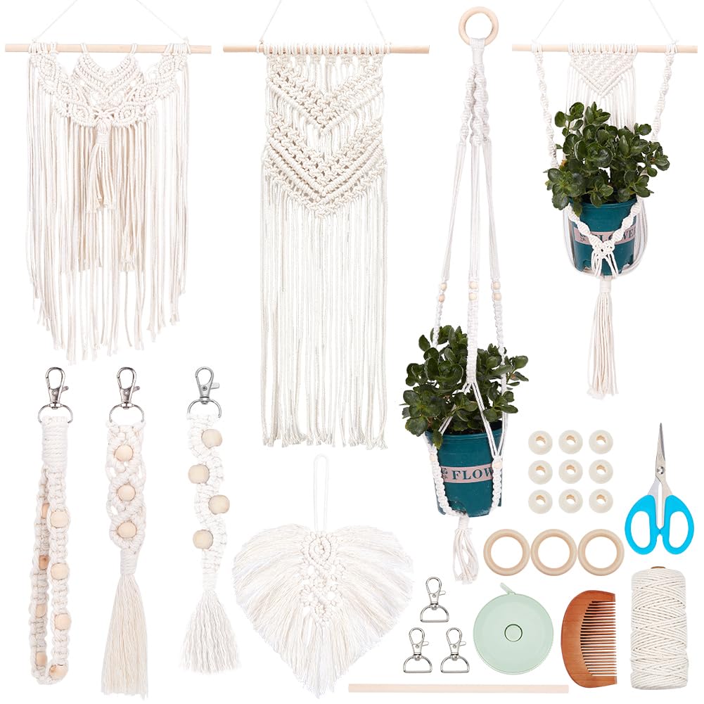 INFUNLY 8 in 1 DIY Macrame Kit All in One Macrame Kits for Adults Beginners White Macrame Wall Hanging Ornaments for Decoration Easy Macrame Keychain Kits Macrame Plant Hanger Kit with Instruction