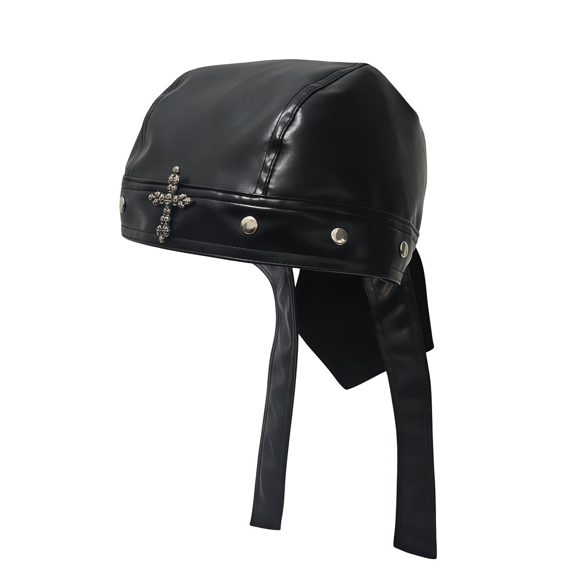 Leather Biker Skull Cap for Women Adjustable Skull-Studded Cross Motorcycle Hat with Snug Fit, Stylish Biker Head Wrap & Riding Cap