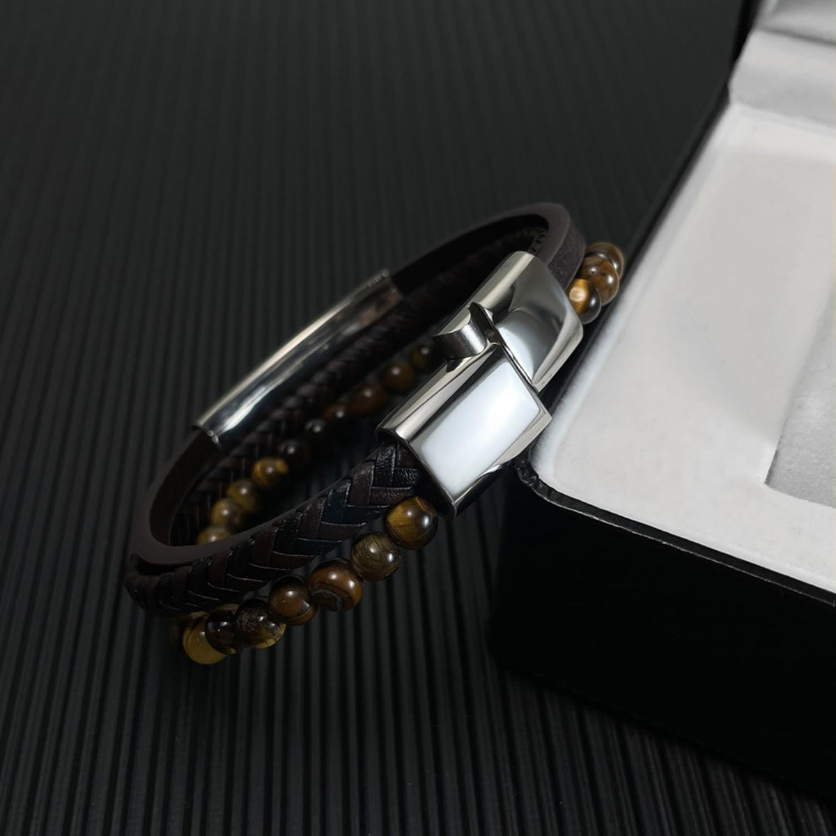 Kim Carrey Italian Handmade Genuine Leather Multi-Layer Cuff Bracelet for Men with Stainless Steel Clip, 8.2" Tiger Eye