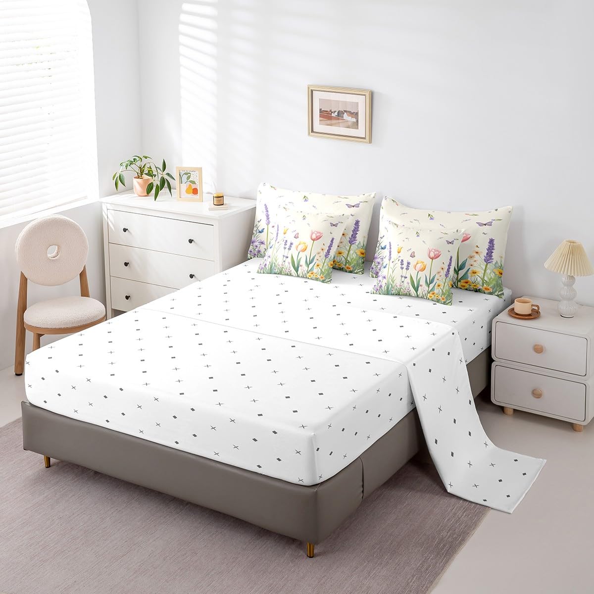 Erosebridal Tulips Full Size Bed Sheets and Comforter Set,Jungle Flowers 7 Piece Bedding Set Garden Floral Lavender Bed in a Bag,Rural Pastoral Style Farmhouse Rustic Bed Sets