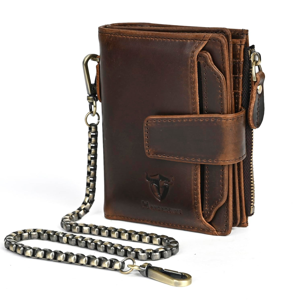 Handadsume Oil Wax Genuine Leather Travel Gift Coin Pocket Card Case Vertical Chain Rfid Wallet Purse With Snap For Men Male 1804 (2-251881 Brown1)