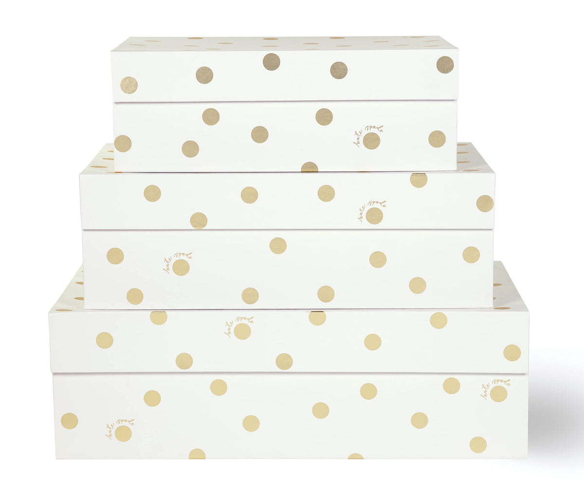 kate spade new york Decorative Storage Boxes with Lids, 3 Pack Sturdy Organizer Storage Bins, Includes Small Medium Large Pink Nesting Boxes with Magnetic Closure, Gold Dot with Script