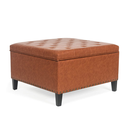 Homebeez Faux Leather Storage Ottoman Bench, Square Coffee Table Footstool Footrest with Wood Legs for Living Room (Cognac Brown)