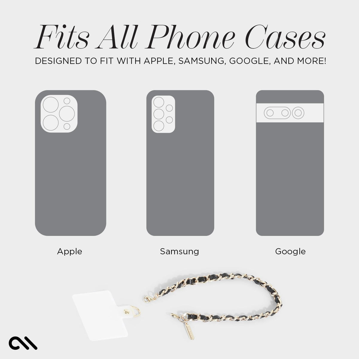 Case-Mate Phone Charm - Detachable Anti Theft Strap - Hands-Free iPhone Wrist Strap for Women - Phone Chain Wristlet - Fits Galaxy, Pixel and More - Gold Chain / Black Leather