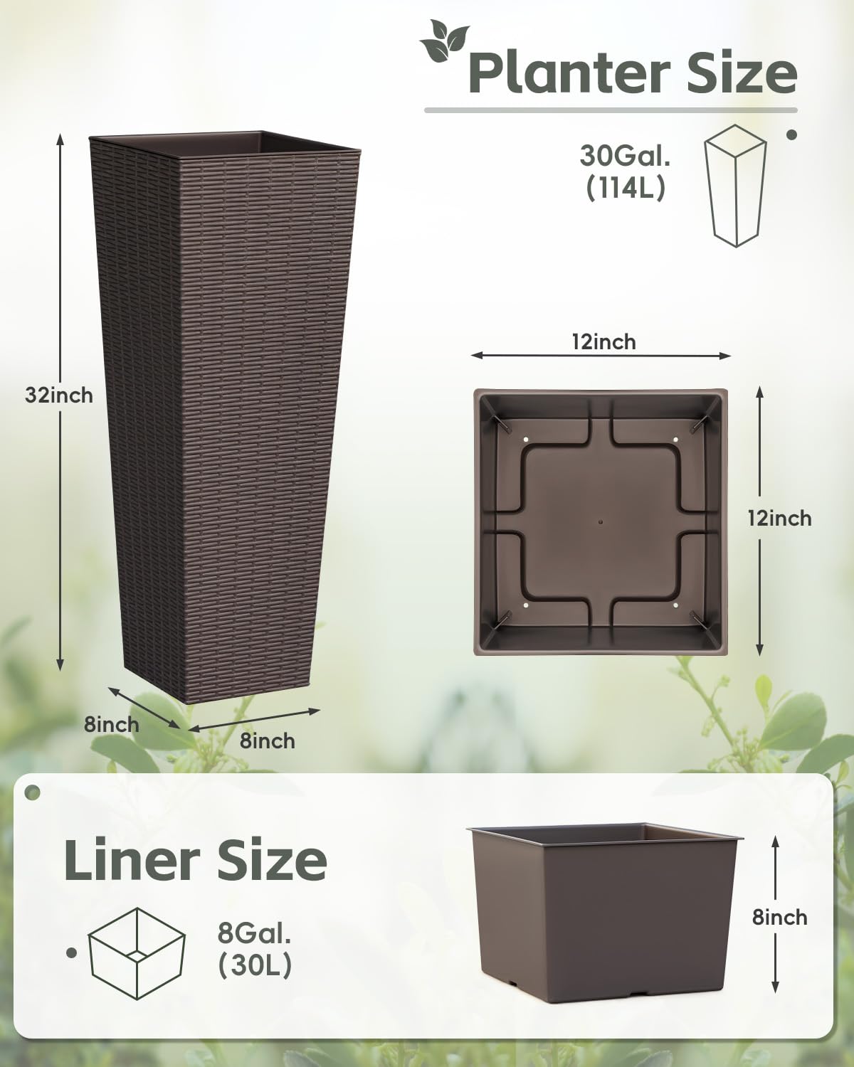 Acurax 32 Inch Tall Plastic Planters(Set of 2), Detachable Inner Pot & Drainage Holes, Outdoor Decorative Flower Pots for Large Plants, Trees, Patio, and Garden, Brown