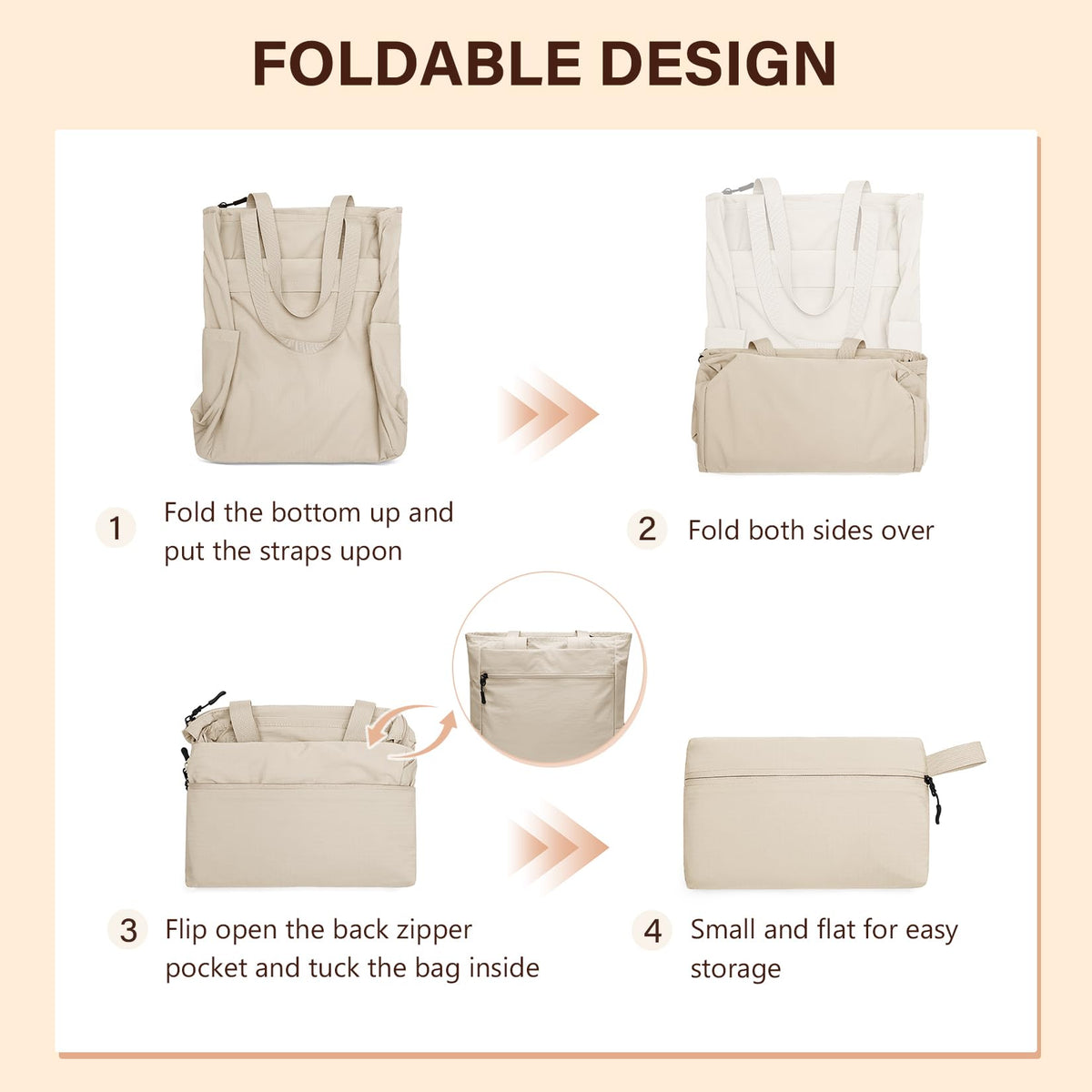 GOLF SUPAGS Foldaway Convertible Tote Backpack Lightweight Nylon Daypack for Women Men City Pack Versatile Backpack for Leisure Travel, Apricot