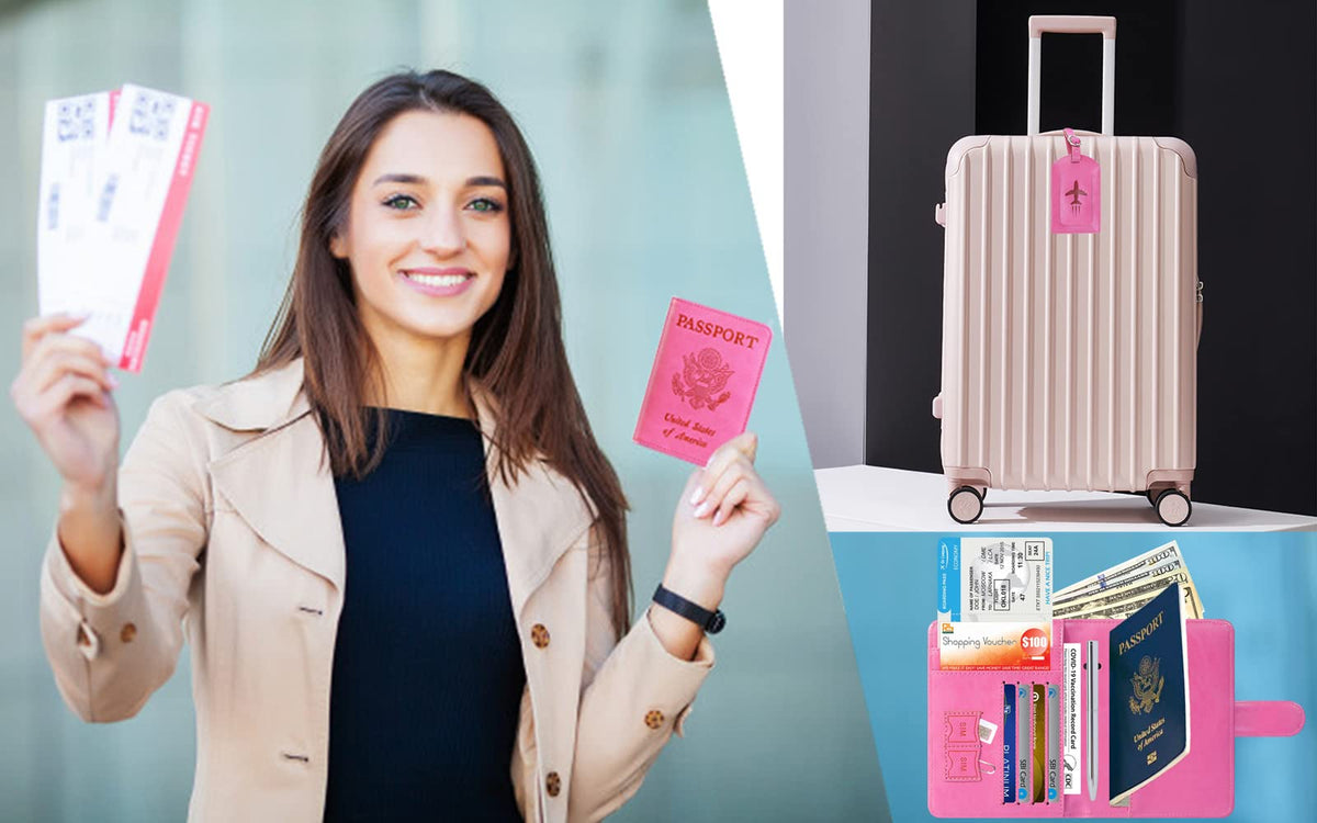 Passport Holder With Luggage Tag Cover Wallet RFID Blocking Leather Case Travel Essentials Accessories Travel Must Have(114#Pink)