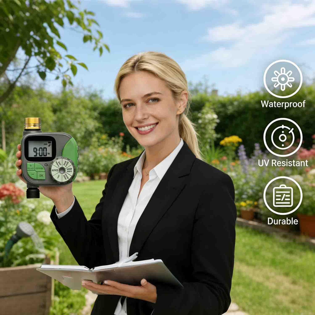 Drip Irrigation System for Garden with Water Timer Plug-in Quick Connection Drip Irrigation Kit 5/16“ID and 1/4 Inch Pipe Auto Watering System for Garden Spray, for Greenhouse, Lawn, Potted Plants