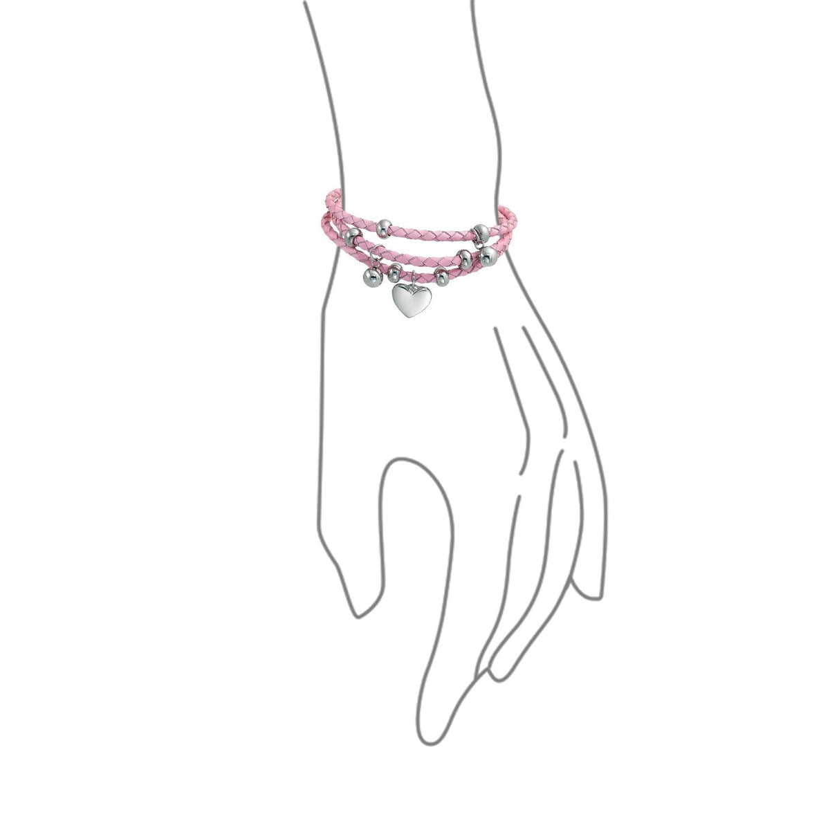 Bling Jewelry Braided Leather Bracelet Pink Heart Charm Double Strand Bracelet Stainless Steel