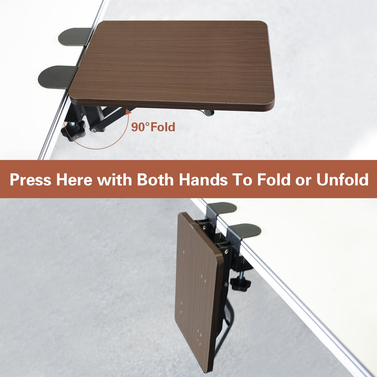 Ergonomic Desk Extender Tray, 9.8" x 6.9" Computer Elbow Arm Rest for Desk, 90° Foldable Table Mount Mouse Support, Clamp On Keyboard Tray for Office and Home Use, Walnut