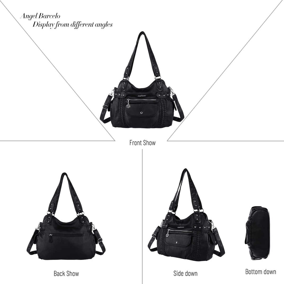 Angel Barcelo Large Purses for Women Soft PU Leather Hobo Bag for Women Shoulder Bag Black