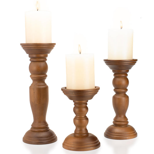 Rustic Wooden Pillar Candle Holders Set of 3, 12'' 9'' 6'' Farmhouse Wood Candle Stand for Table Centerpieces, Vintage Tall Candleholders Fireplace Mantel Decor for Living Room, Brown