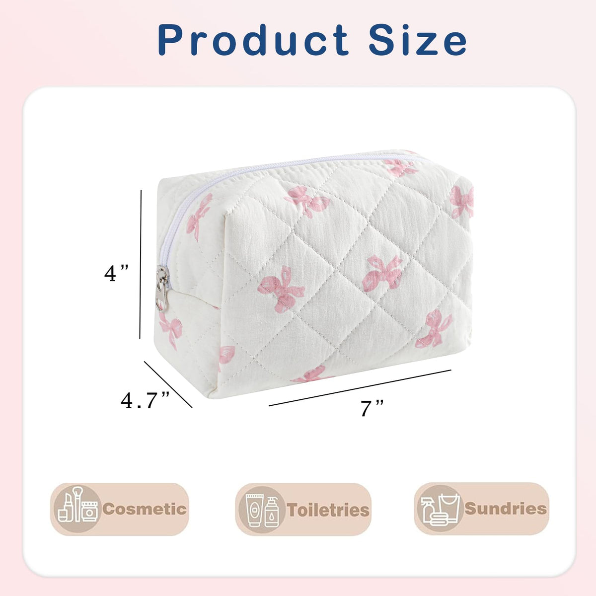 RSRSLEII Small Quilted Cotton Makeup Bag, Cute Floral Cosmetic Bag, Cotton Aesthetic Makeup Pouch, Kawaii Travel Toiletry Bag for Women and Girls (12White Pink Bow)