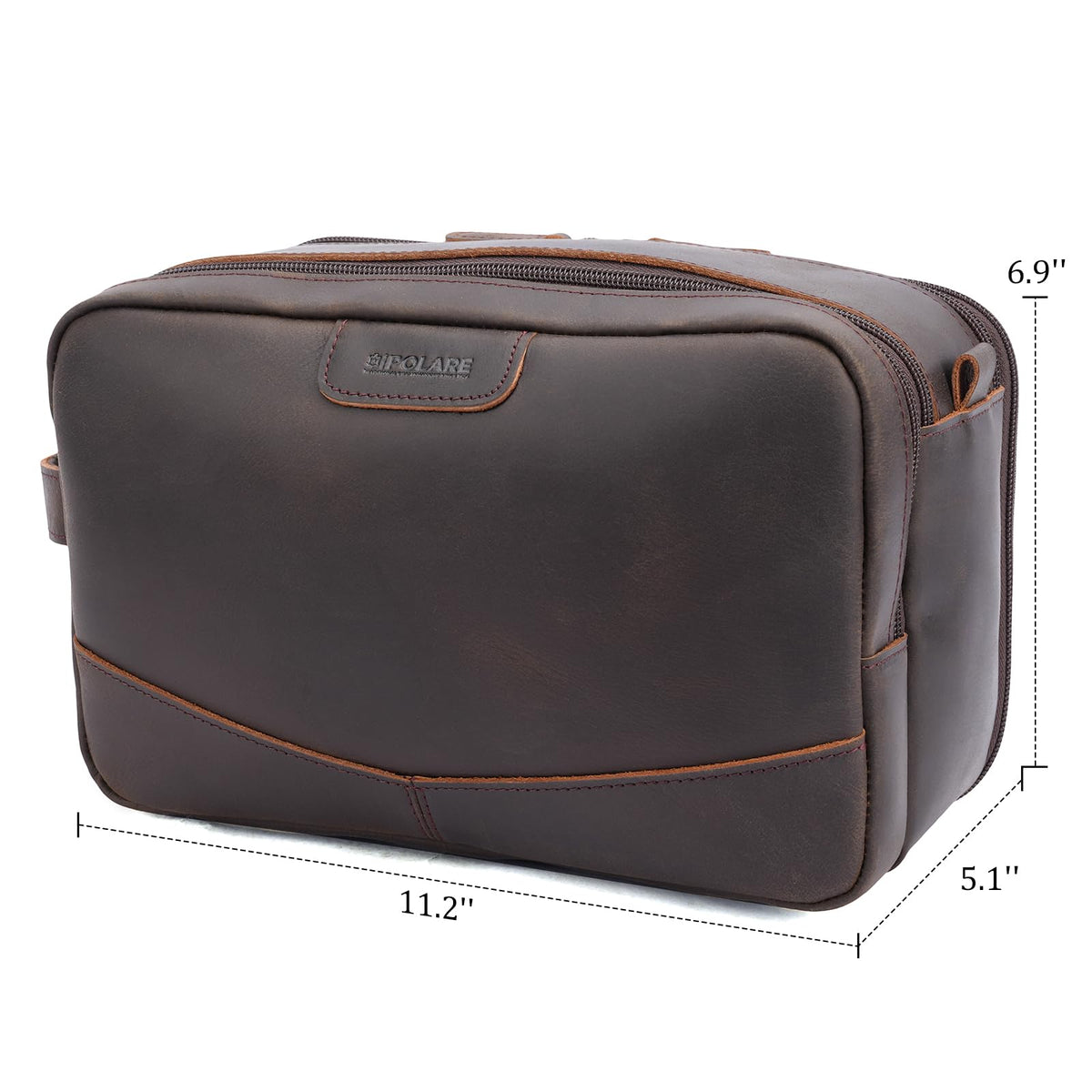Polare Full Grain Leather Toiletry Bag for Men, Portable Travel Dopp Kit, Large Shaving Kit Organizer Cosmetic Case, Wash Pouch with YKK Zippers