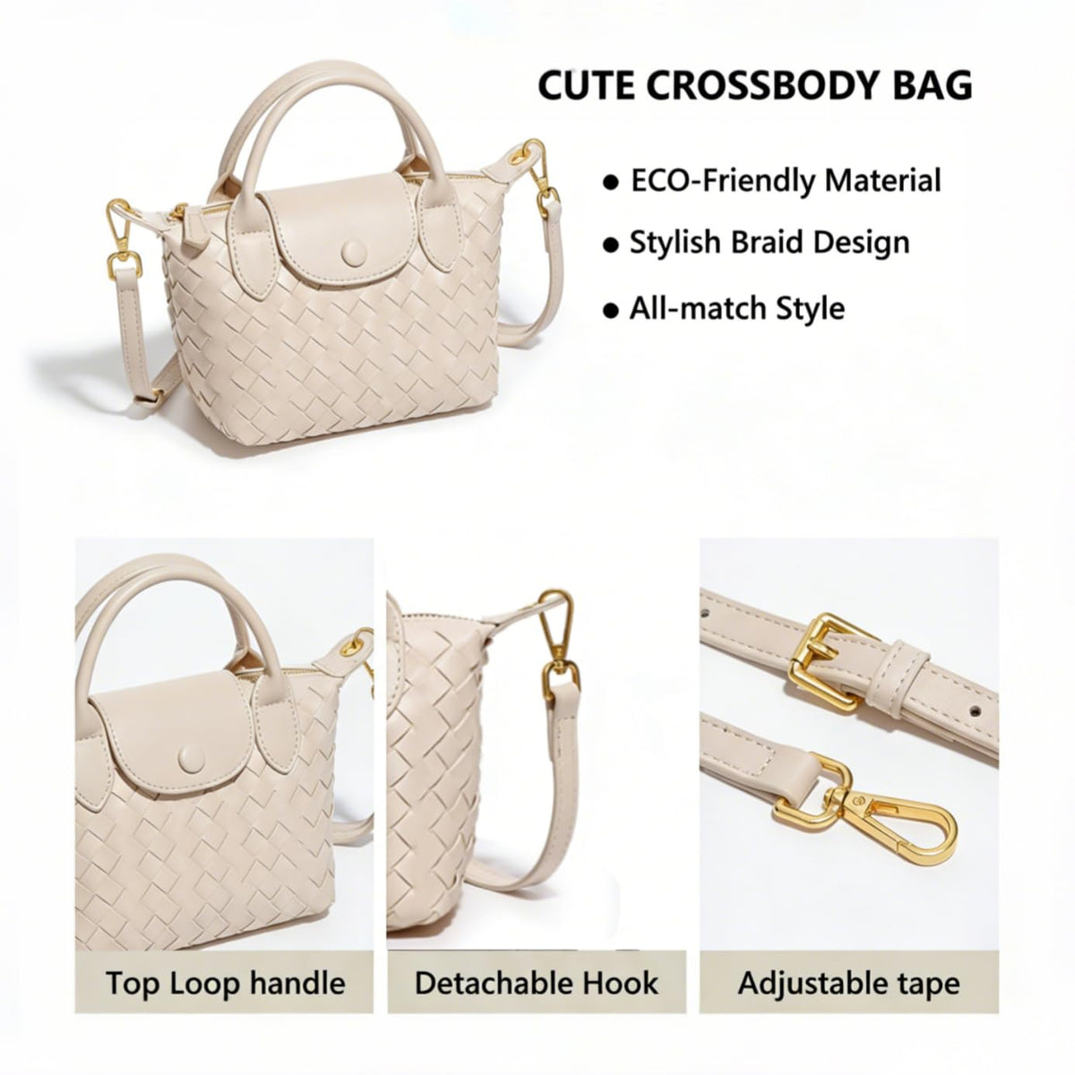 Small Vegan Leather Crossbody Bags For Women, Mini Woven Dumpling Handbag, Cute Top Handle Shoulder Purse For Travel Dating (Off White)