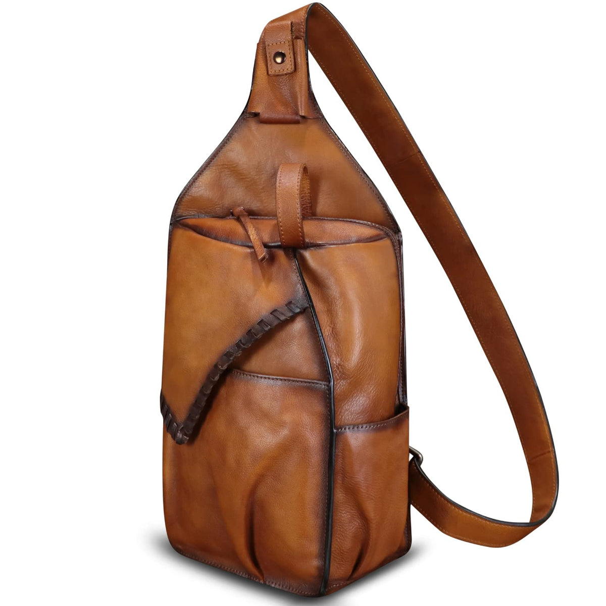 FEIGITOR Genuine Leather Sling Bag for Men Handmade Retro Crossbody Backpack Purse Hiking Daypack Chest Shoulder Fanny Pack (Brown)
