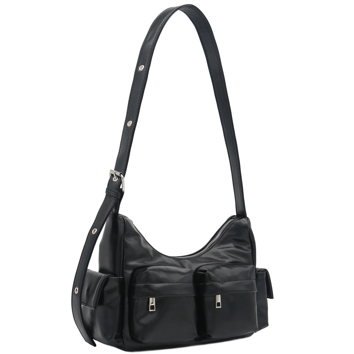 FashionPuzzle Glossy PU Leather Multi Pocket Shoulder Bag Hobo (Black)