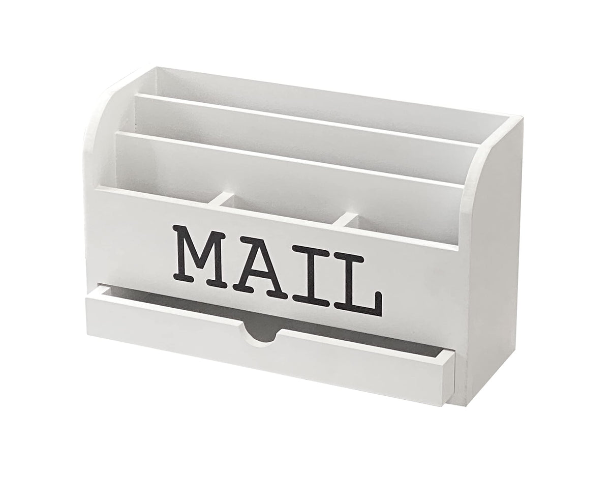 Cregugua White Desk Organizer Wooden Mail Storage box for tabletop office home,5 compartments with Drawer (4x11.8x7 in)