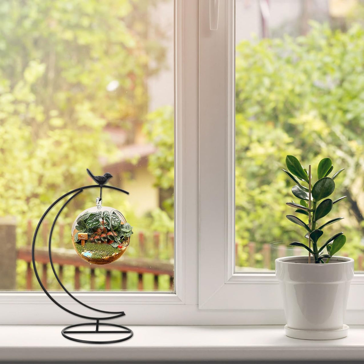 SOLUSTRE Moon Shaped Bird Iron Stand Hanging Flower Pot Holder for Glass Terrarium Decorative Pothook Display Stand for Home and Office Decor for Indoor Plant Arrangement