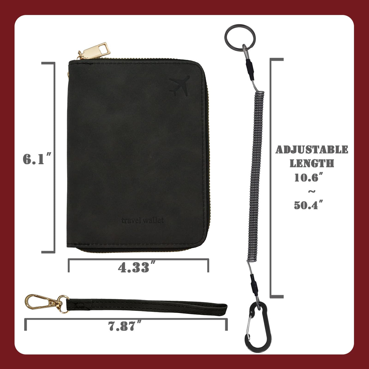 Passport Holder with Tether and Carabiner to Prevent Loss and Theft, Rfid Passport Holder for Travel, Passport Cover, Wallet & Case for Men and Women (Black -Tether and Carabiner)