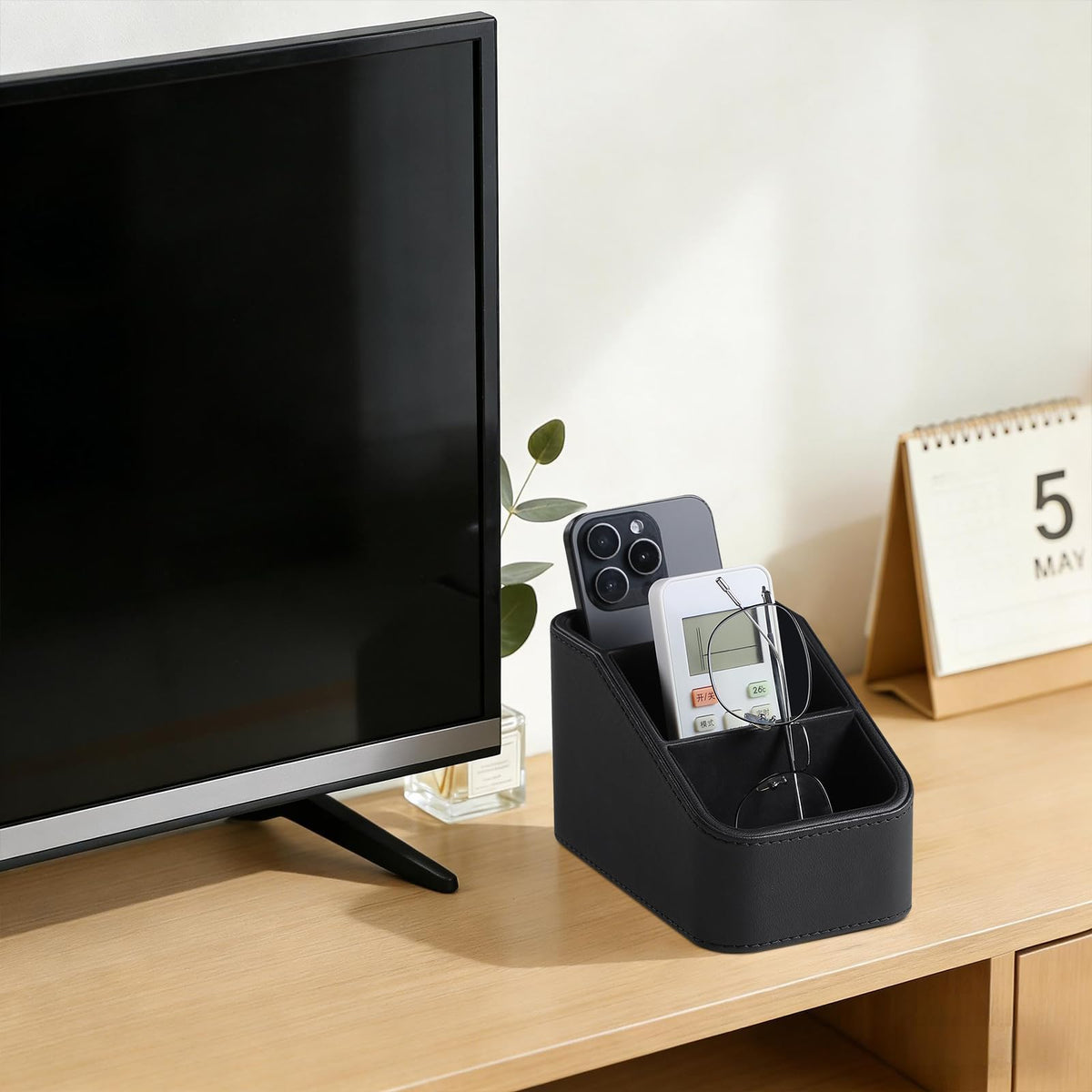 NICLNGSH PU Leather Remote Control Holder, Small Desk Organizer Office Supply Bedside Caddy for Nightstand End Table Couch, Pen Remote Organizer with 3 Compartments (Black)