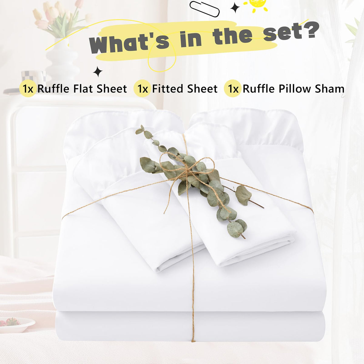 Yvrcen 3 Pieces Ruffle Twin Sheet Set, White Bed Sheets Twin Size, Microfiber Coquette White Sheets with 16 Inch Deep Pocket Fitted Sheet, 1 Ruffled Flat Sheet & 1 Ruffled Pillow Shams