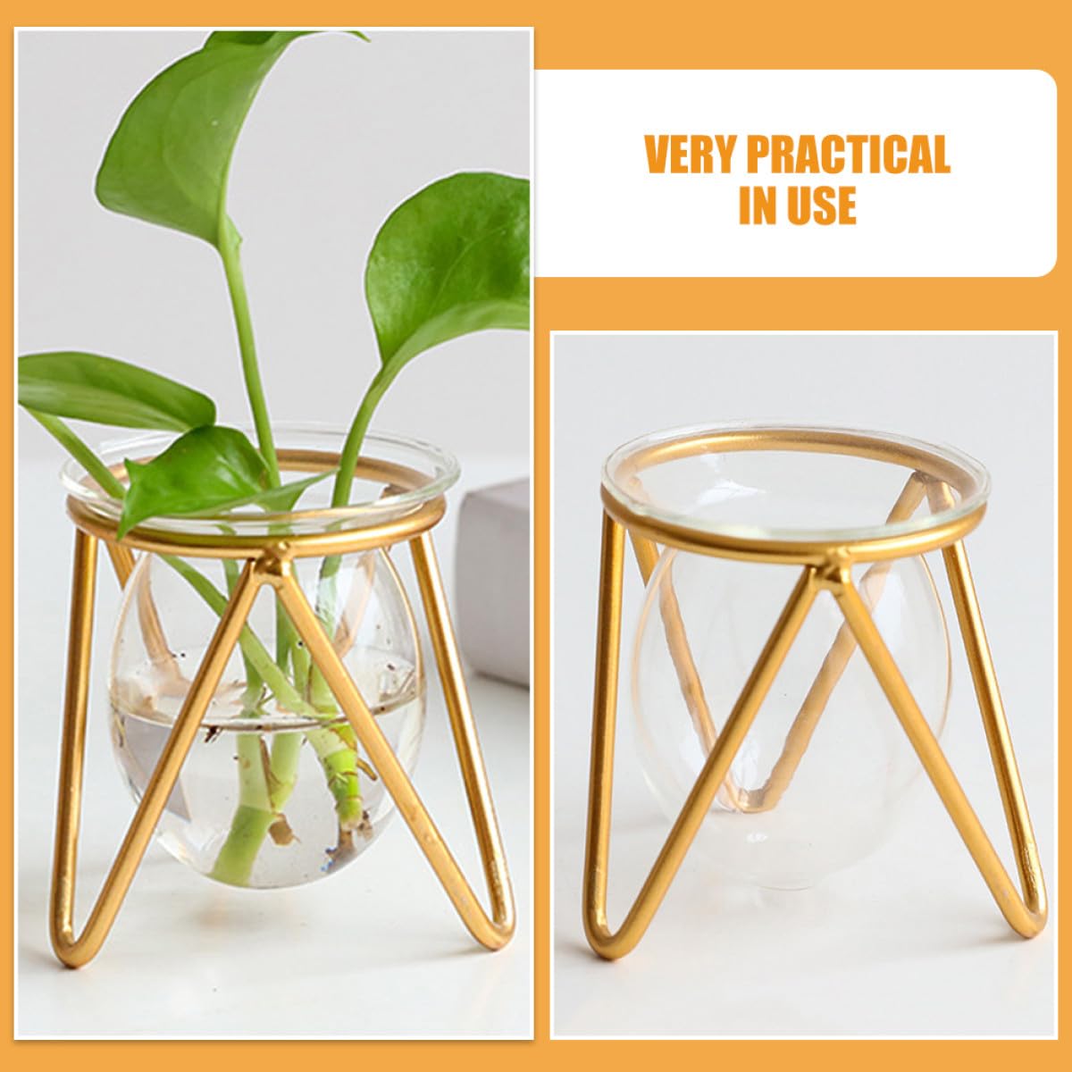 FELTECHELECTR Glass Vase with Metal Stand, Hydroponic Flower Holder Bulb Planter for Home Decor, Small Gold Desktop Plant Terrarium for Indoor Floral Display