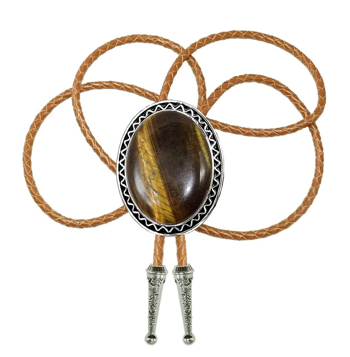 Moranse Bolo Tie with Natural Tiger Eye Stone Celtic Style Genuine and Colored Cowhide Rope