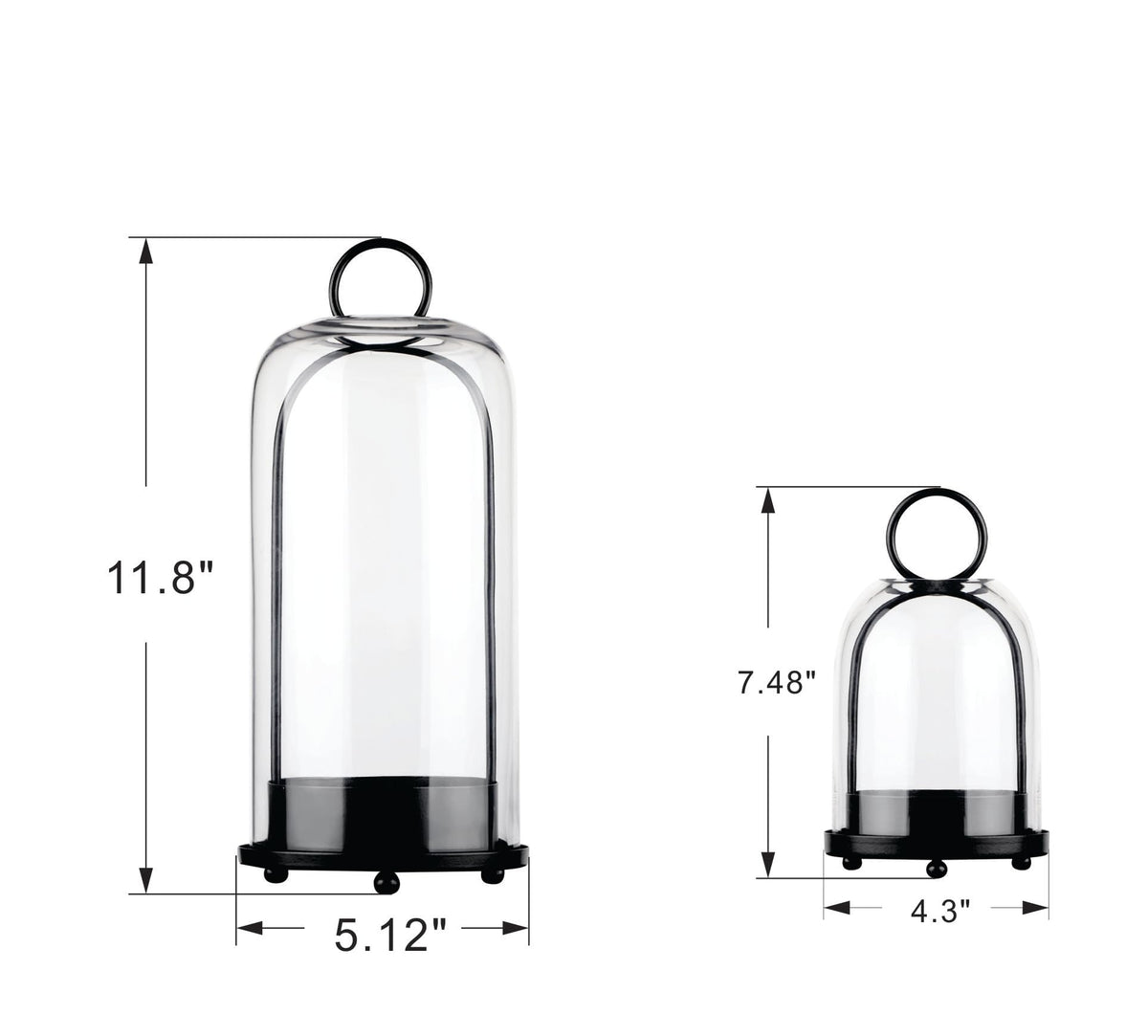 5" & 4" Wide Versatile Metal Candle Holder in Black with Handmade Thick, Heavy & Sturdy Glass Dome for Pillar Candle, Industrial, Modern, Shelf, Mantel, Veranda, Porch (Black, Large & Small)