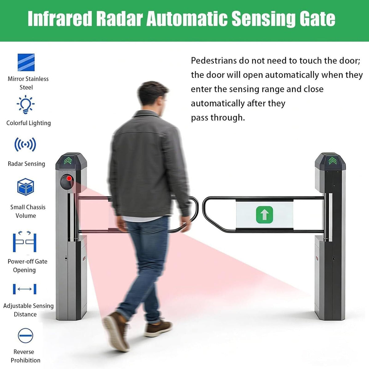 Automatic Public Entrance Turnstile with Infrared Detection Swing Gate with LED Indicators One-Way Access
